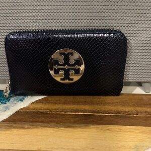 Tory Burch Black Snakeskin Wallet with Gold Emblem
